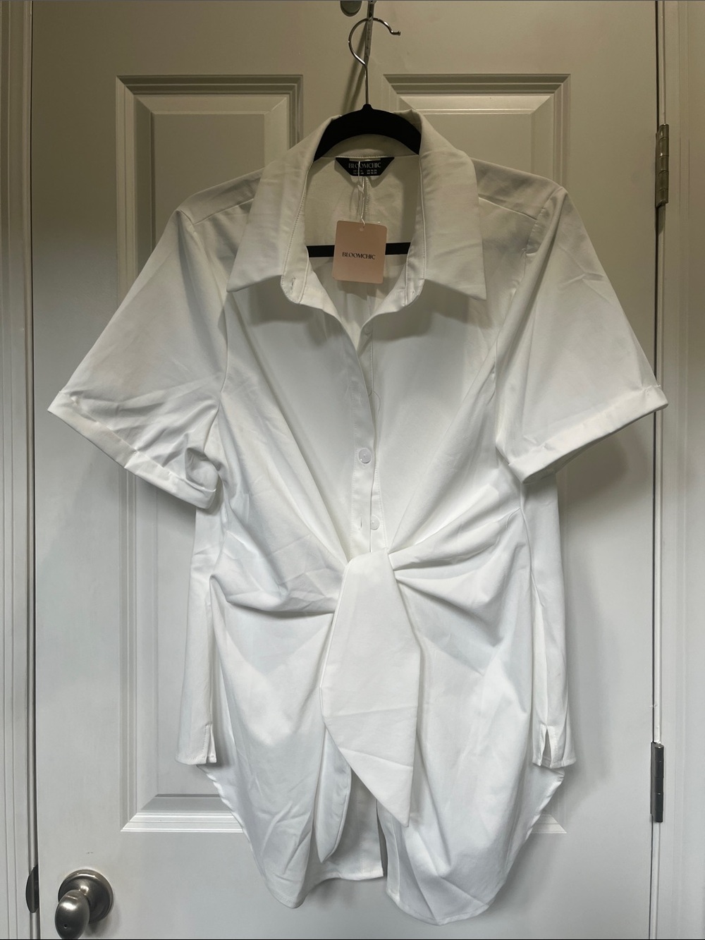 BloomChic White Short Sleeve Button-Down Knot Front Shirt